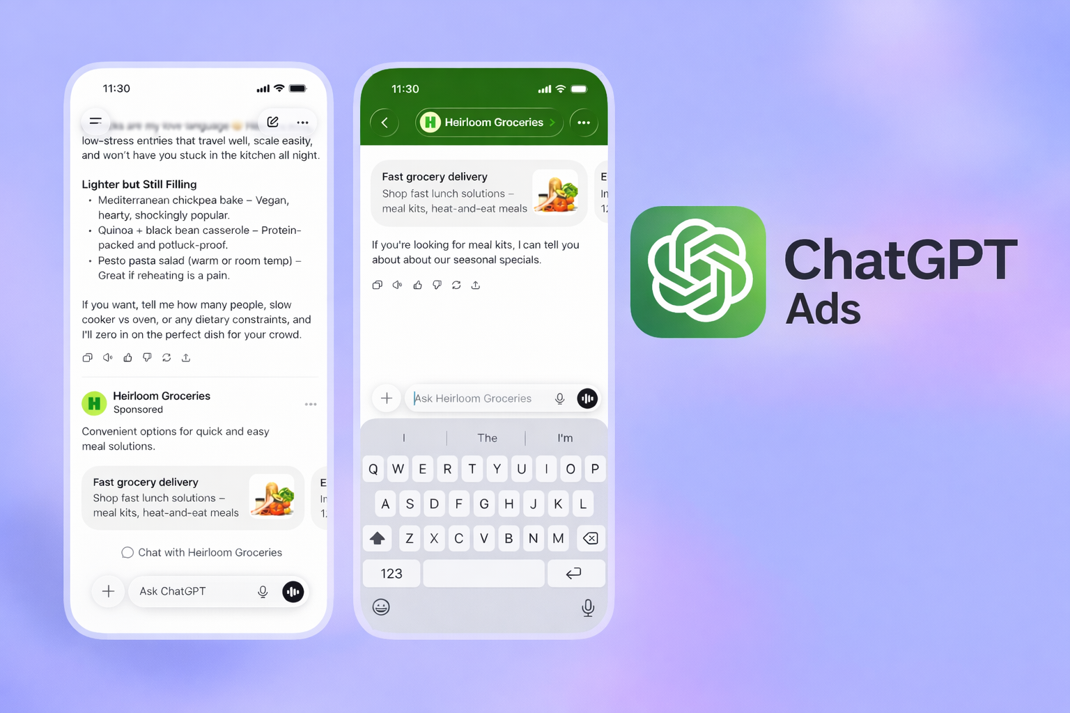 ChatGPT ads shown on mobile devices - sponsored placements appear at the bottom of ChatGPT responses, clearly labeled and visually separated from organic answers